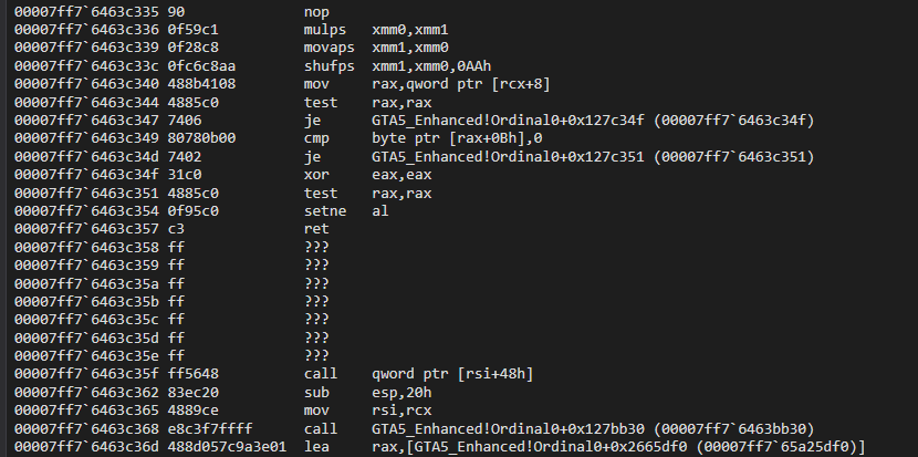 停止位置の直後を逆アセンブルした実際の出力。[rcx+8] を読み、null 検査のあと [rax+0Bh] のバイトを比較する小さな述語関数が並び、??? が関数の切れ目を示している