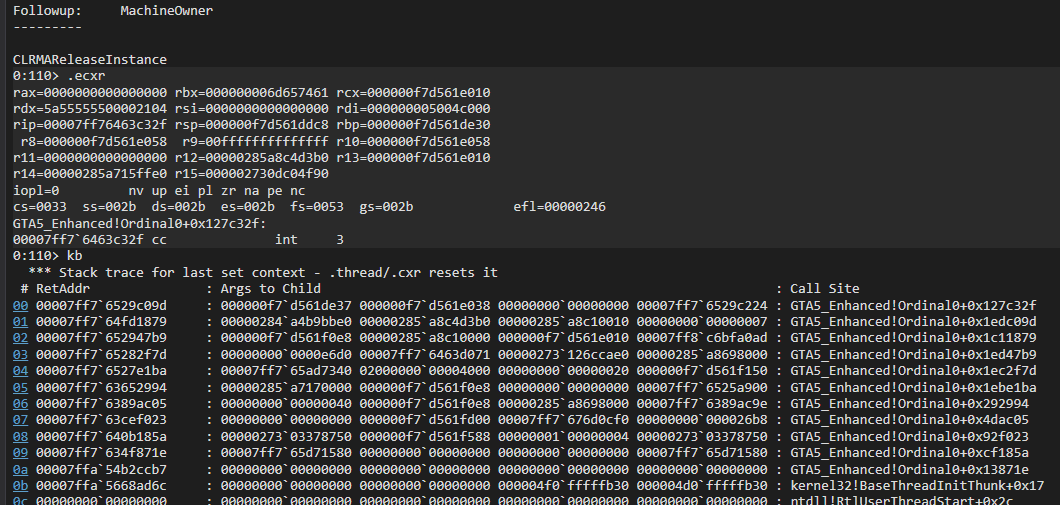 WinDbg で .ecxr により例外時のレジスタを復元し、kb でコールスタックを 13 段まで表示した実際の出力。rbx が 0x000000006d657461、停止位置は GTA5_Enhanced!Ordinal0+0x127c32f の int 3