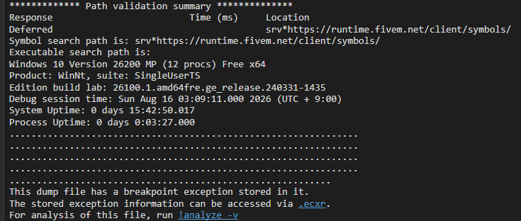 FiveM 公式のシンボルサーバを設定してミニダンプを開いた画面。シンボル検索パスに srv*https://runtime.fivem.net/client/symbols/ が設定され、ダンプにブレークポイント例外が記録されていることが表示されている