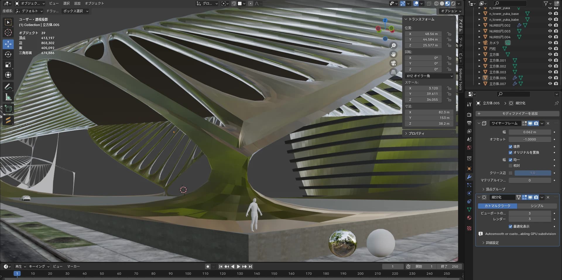 Blender 4.0 で制作中の MLO。左上にオブジェクト 39・頂点 413,197・三角形面 674,886 の統計、右に選択中オブジェクトの寸法 82.3 × 153 × 38.2 メートルと、ワイヤーフレーム+細分化のモディファイアースタックが表示されている